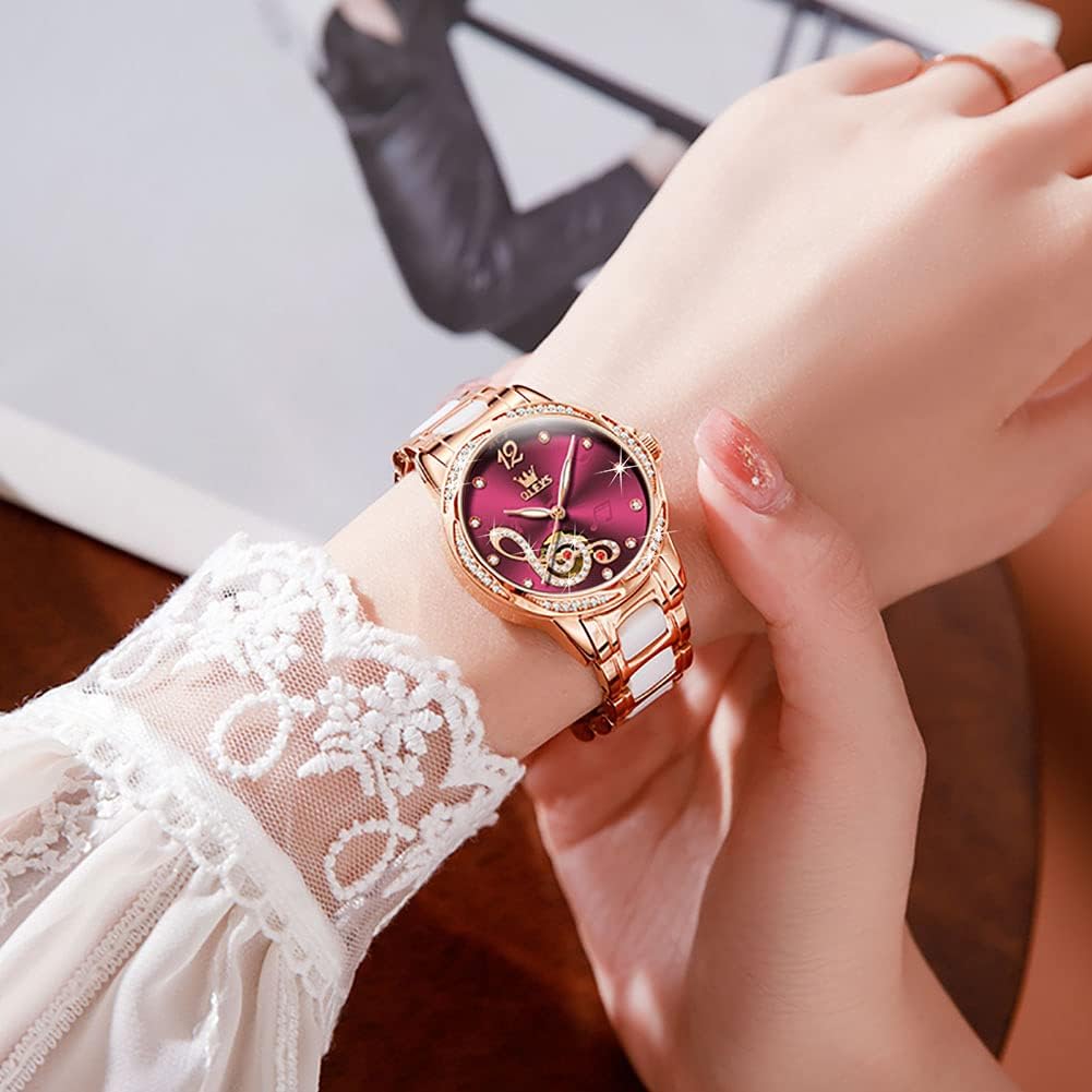 OLEVS Watches for Women Automatic Mechanical Self Winding Rose Gold Ladies Watch Diamond Dress Ceramic Bracelet Waterproof Female Wrist Watch