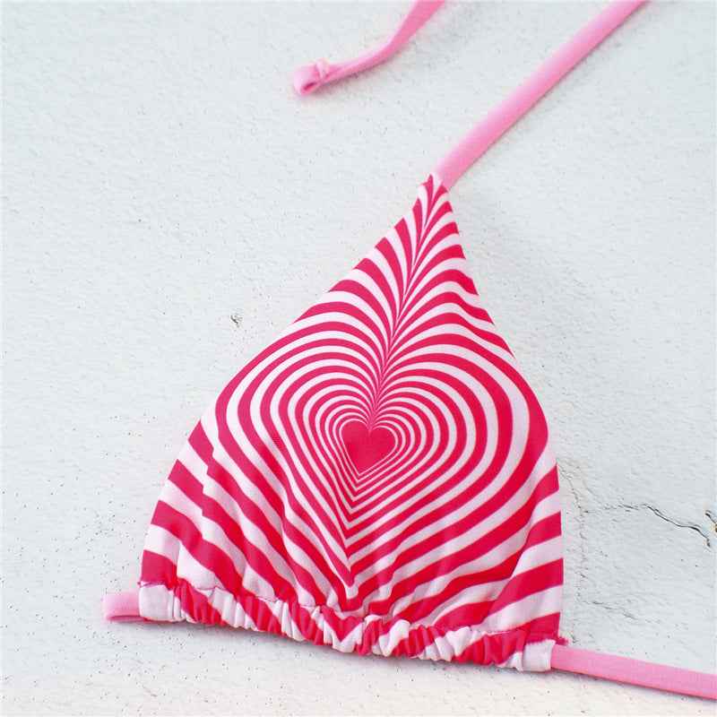 Love Wave Print Neck Buckle Halter Sexy High Waist Split Bikini Swimsuit Striped Halter Backless Bikini Beach Swimwear