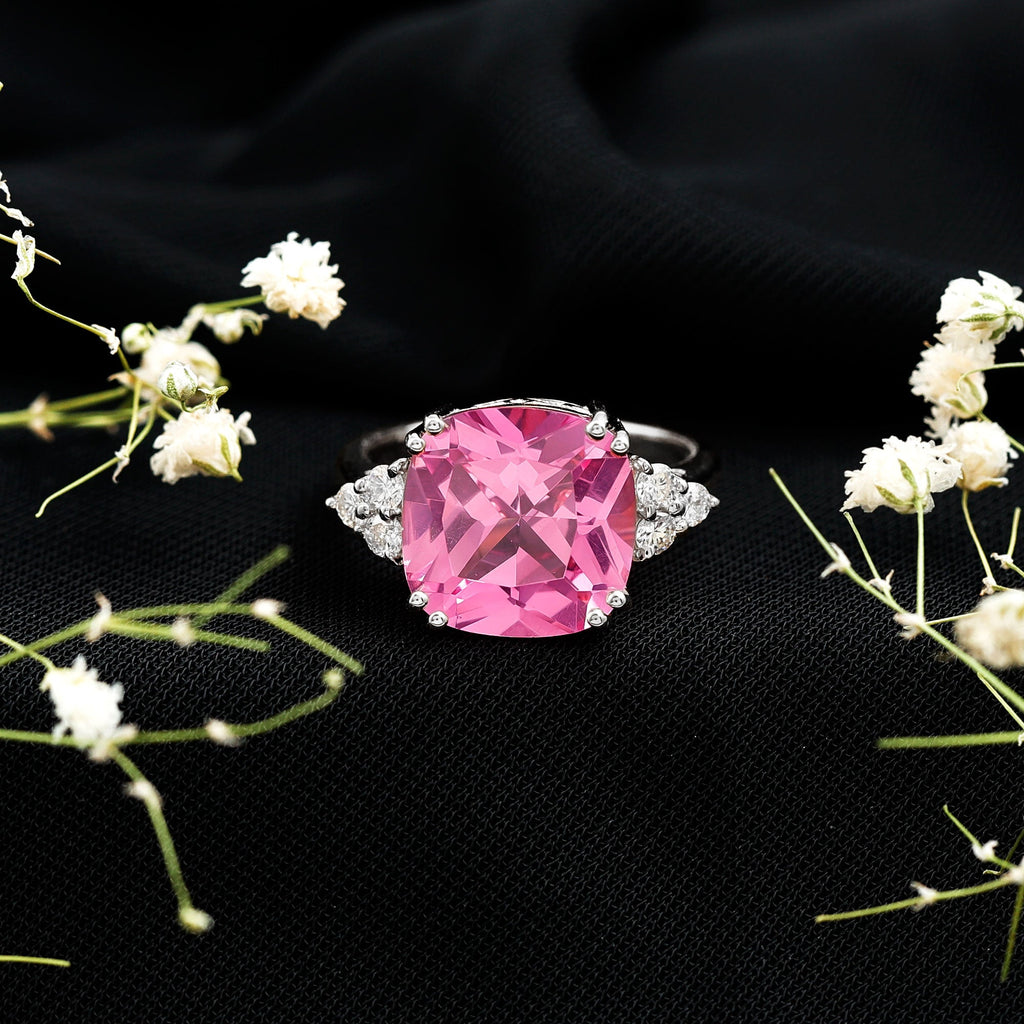 Lab Grown Pink Sapphire Solitaire Engagement Ring with Diamond Trio