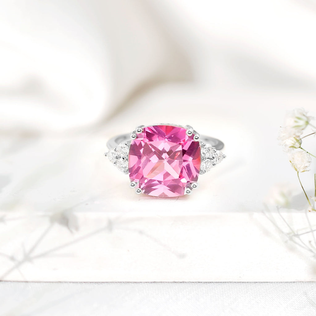 Lab Grown Pink Sapphire Solitaire Engagement Ring with Diamond Trio