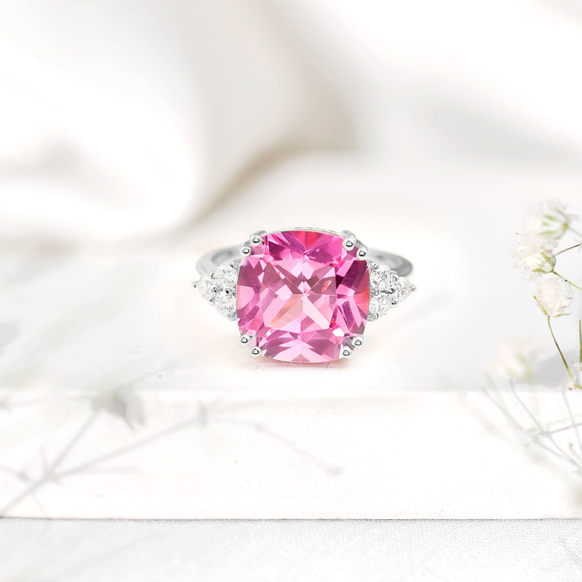 Lab Grown Pink Sapphire Solitaire Engagement Ring with Diamond Trio