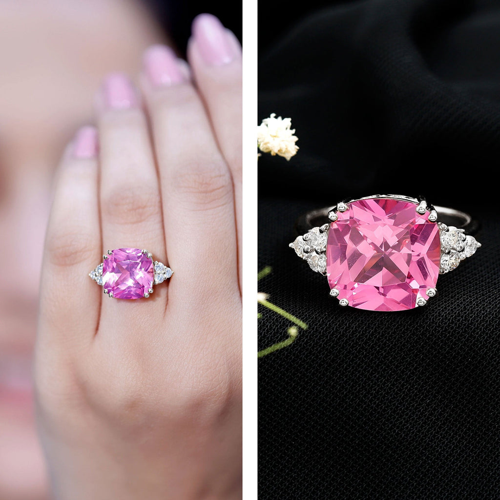 Lab Grown Pink Sapphire Solitaire Engagement Ring with Diamond Trio