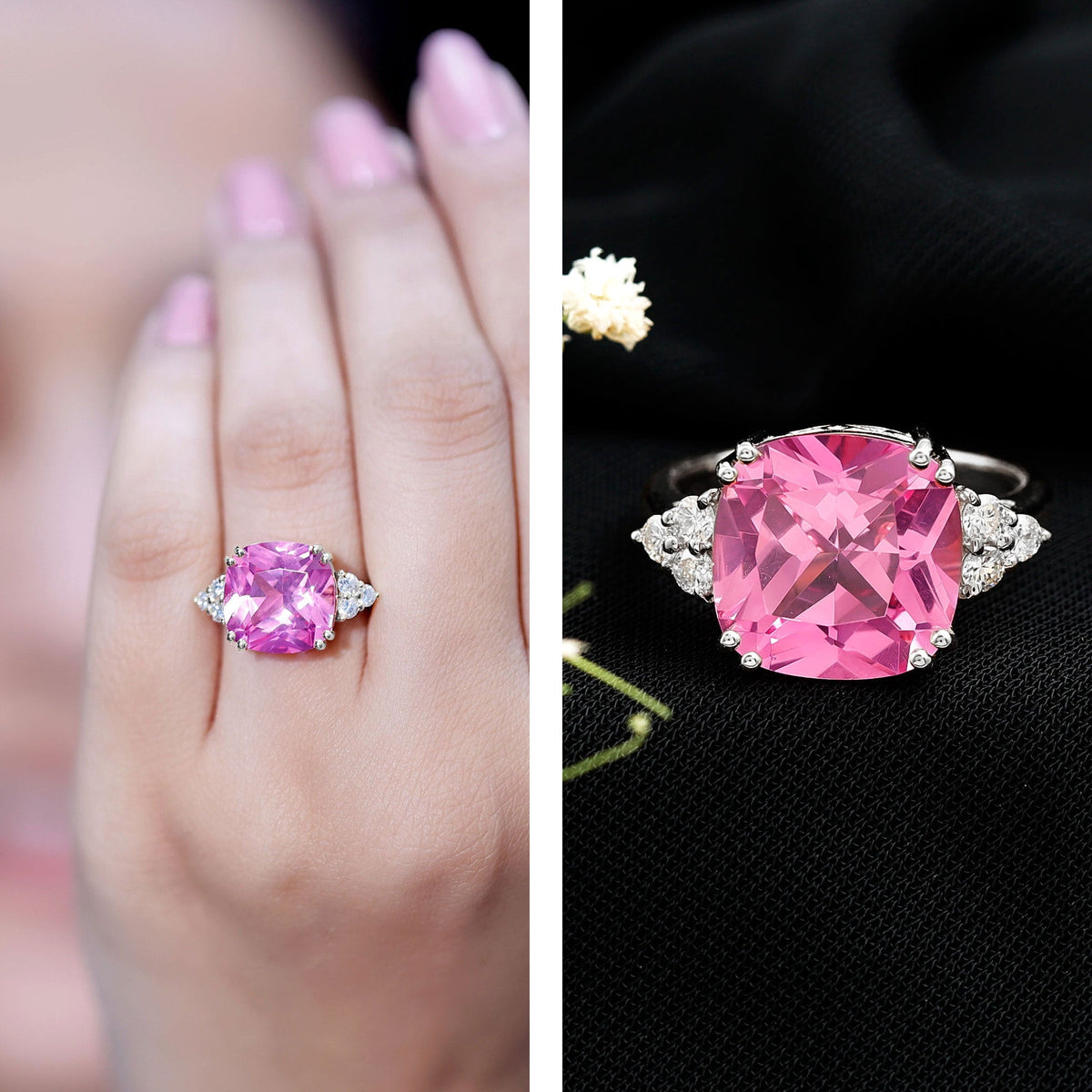 Lab Grown Pink Sapphire Solitaire Engagement Ring with Diamond Trio