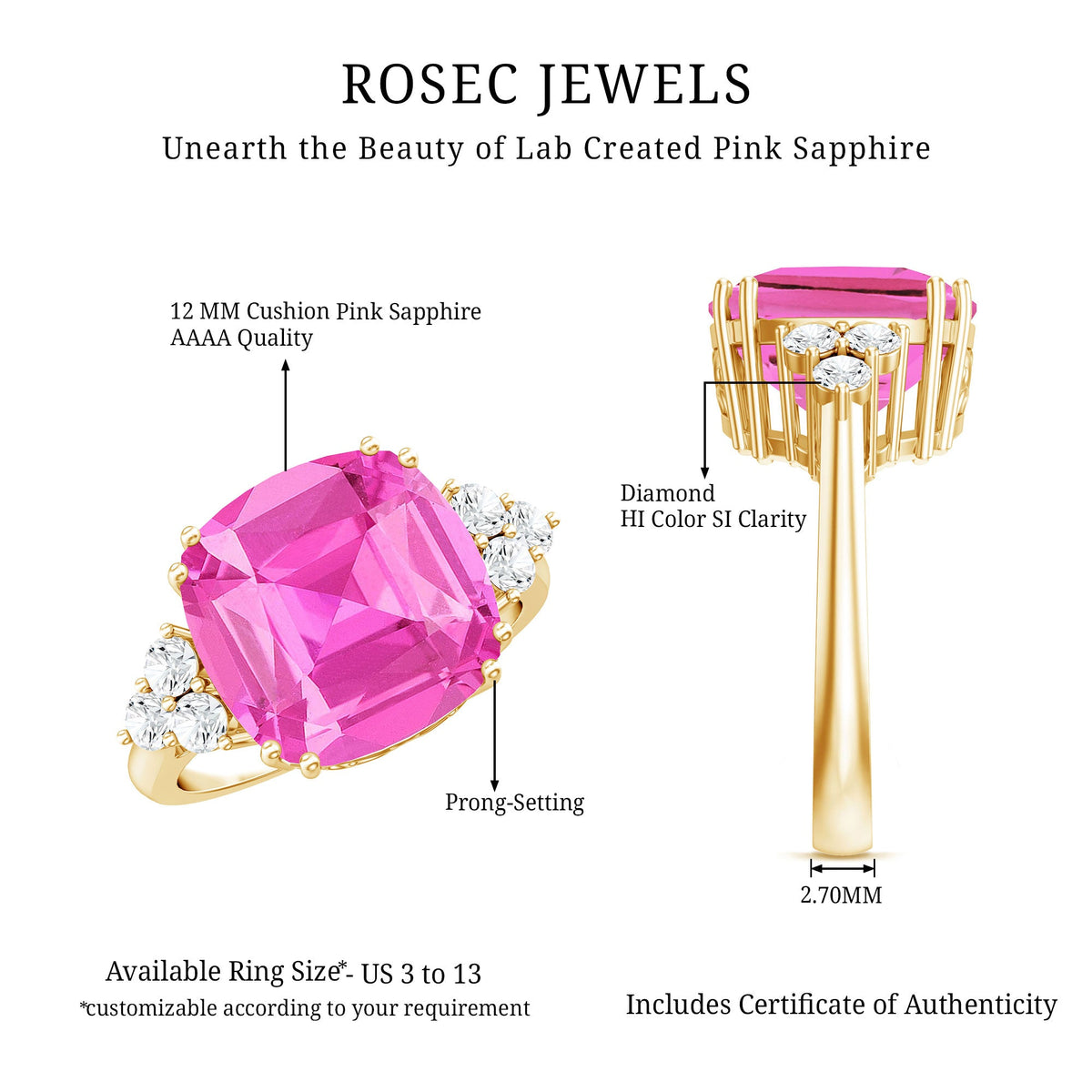 Lab Grown Pink Sapphire Solitaire Engagement Ring with Diamond Trio