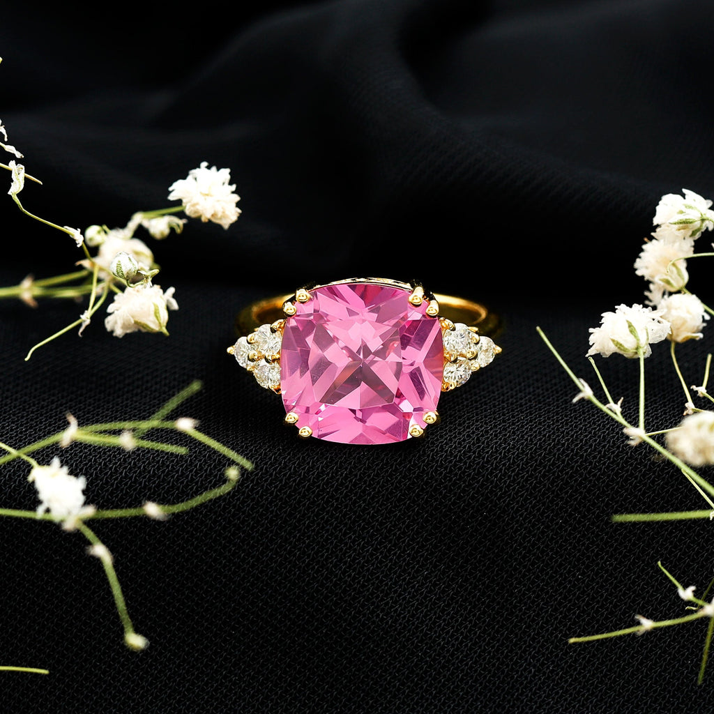 Lab Grown Pink Sapphire Solitaire Engagement Ring with Diamond Trio