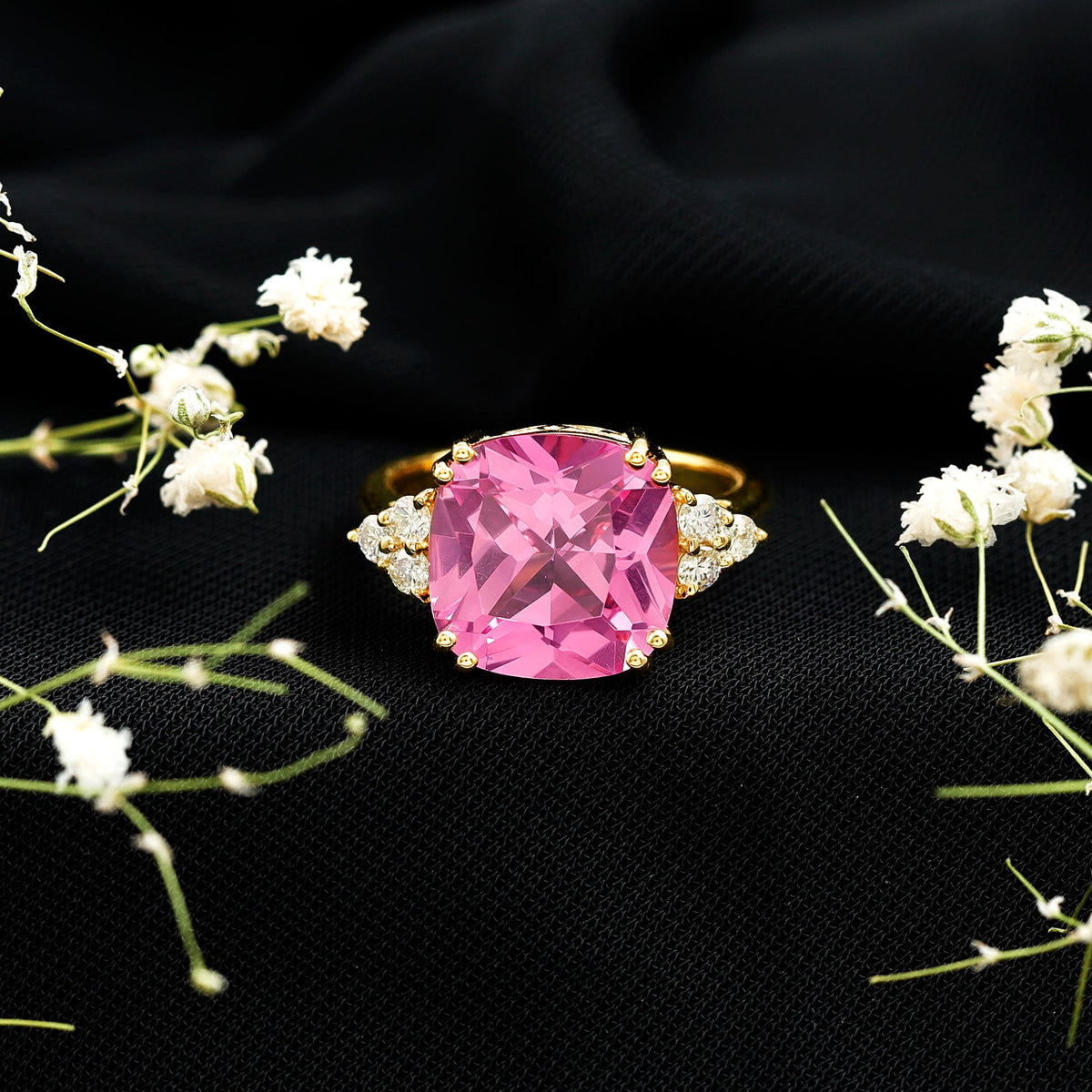 Lab Grown Pink Sapphire Solitaire Engagement Ring with Diamond Trio