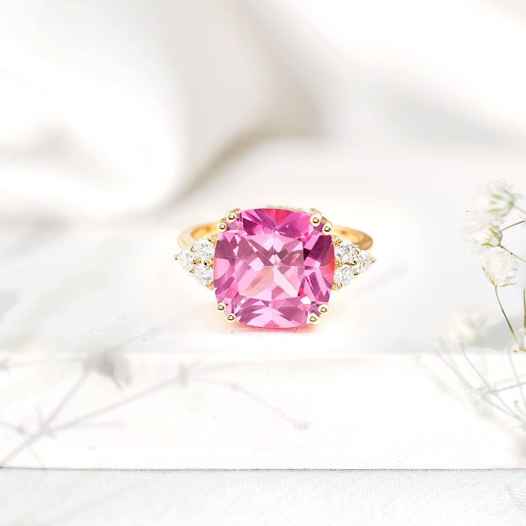 Lab Grown Pink Sapphire Solitaire Engagement Ring with Diamond Trio