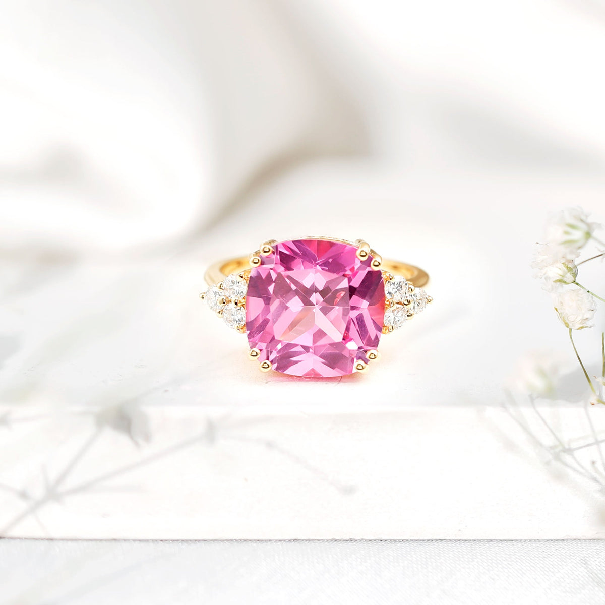 Lab Grown Pink Sapphire Solitaire Engagement Ring with Diamond Trio
