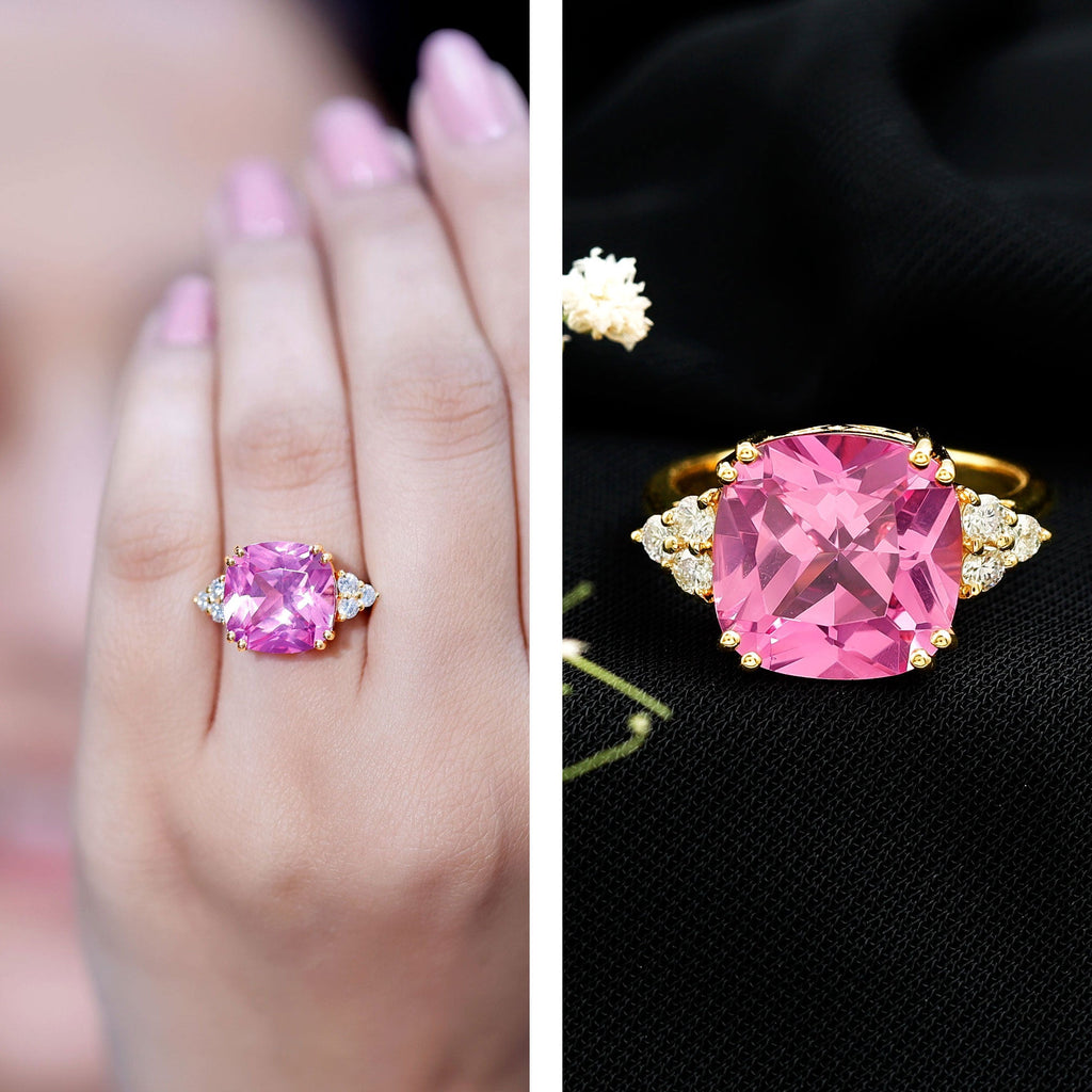 Lab Grown Pink Sapphire Solitaire Engagement Ring with Diamond Trio