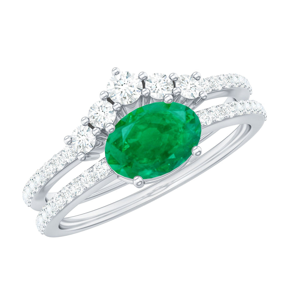 Natural Oval Emerald Diamond East West Engagement Ring and Wedding Band Set