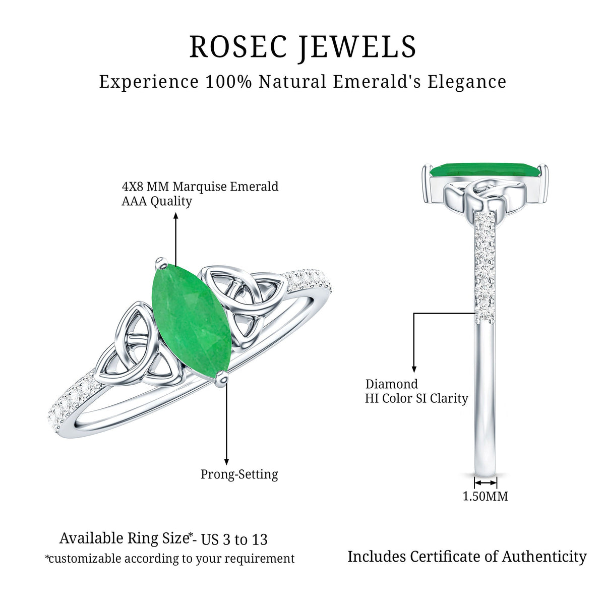 Marquise Cut Emerald Celtic Knot Engagement Ring with Diamonds