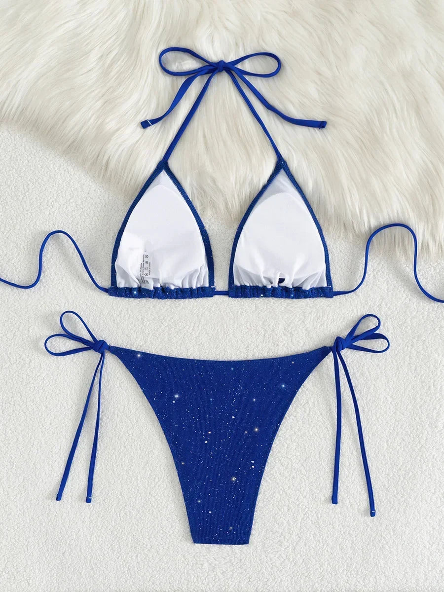 Shiny Sparkling Halter Strappy Bikini 2025 High Cut Bikinis Female Swimsuit Women Swimwear Two-pieces Bikini Set Bathing Suit