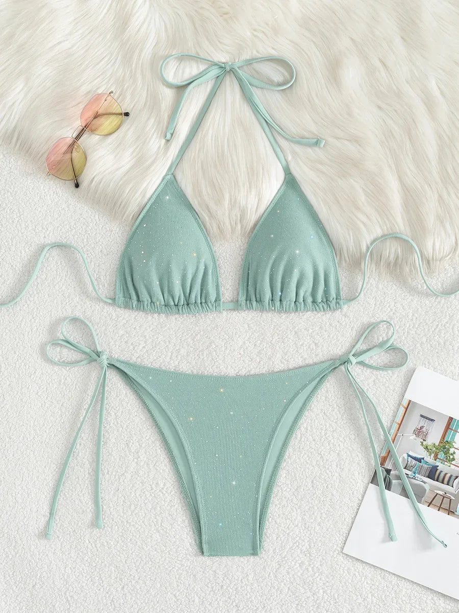 Shiny Sparkling Halter Strappy Bikini 2025 High Cut Bikinis Female Swimsuit Women Swimwear Two-pieces Bikini Set Bathing Suit