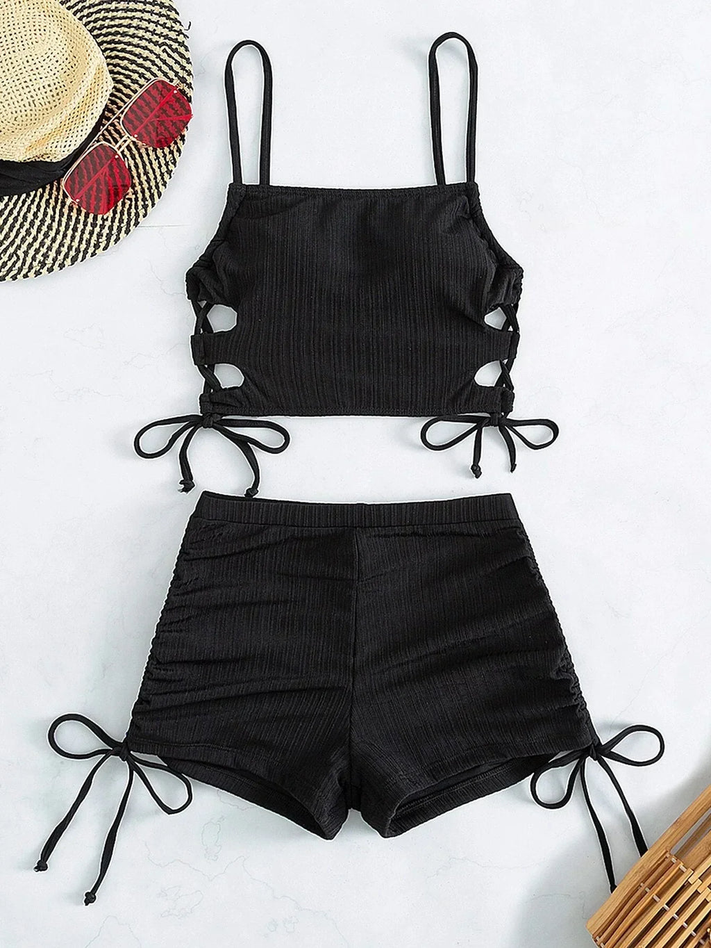 Sexy Bikini 2024 Women White Black Hollow Out Push Up Padded Two Piece Swimsuit Summer Bathing Suit Lace Up High Waist Swimwear