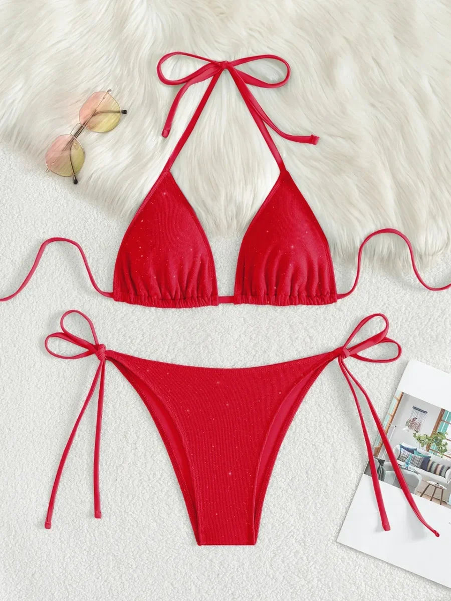 Shiny Sparkling Halter Strappy Bikini 2025 High Cut Bikinis Female Swimsuit Women Swimwear Two-pieces Bikini Set Bathing Suit
