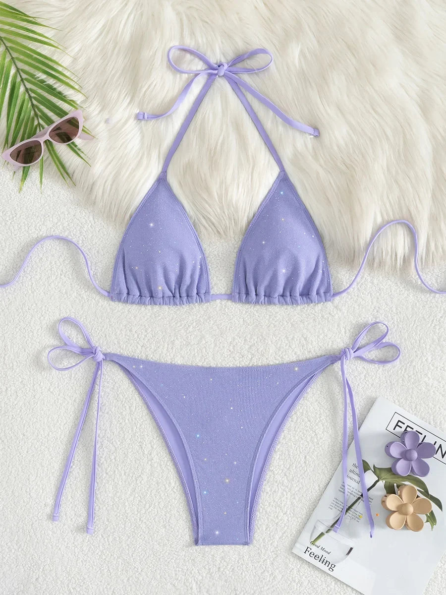 Shiny Sparkling Halter Strappy Bikini 2025 High Cut Bikinis Female Swimsuit Women Swimwear Two-pieces Bikini Set Bathing Suit