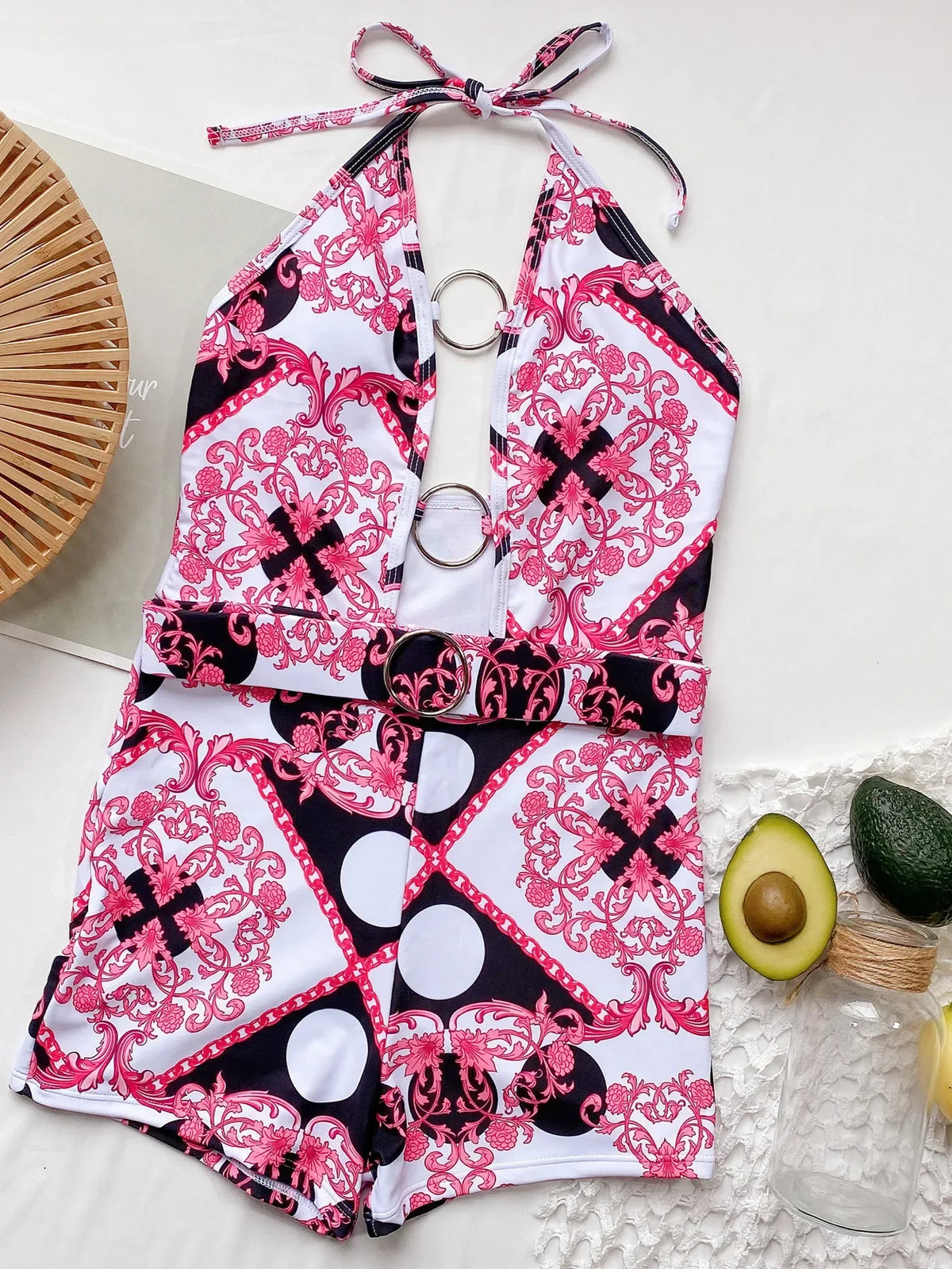 2 Colors Sexy One Piece Swimsuit Swimwear Women Vintage Retro Print Metal Ring Hollow Deep V-neck Halter Bathing Suit Beachwear