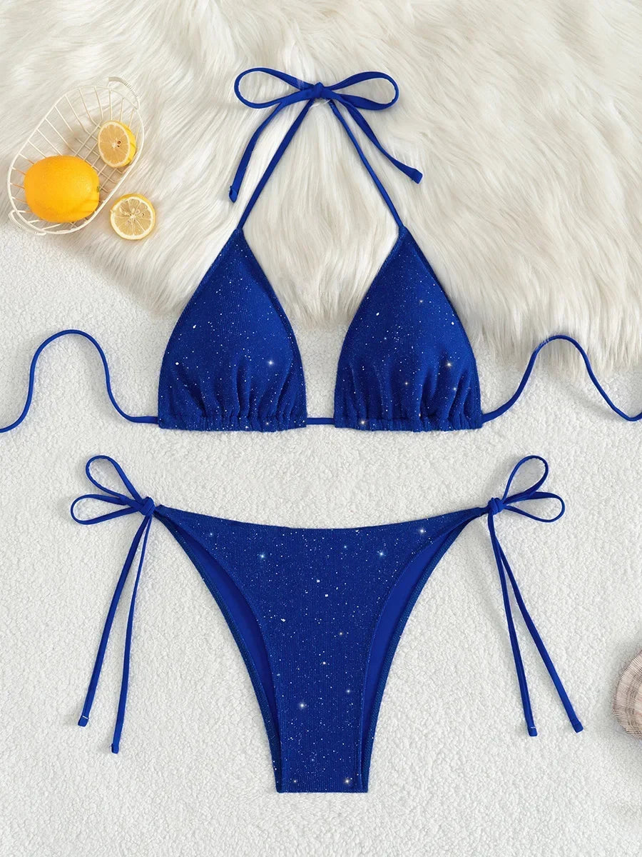 Shiny Sparkling Halter Strappy Bikini 2025 High Cut Bikinis Female Swimsuit Women Swimwear Two-pieces Bikini Set Bathing Suit