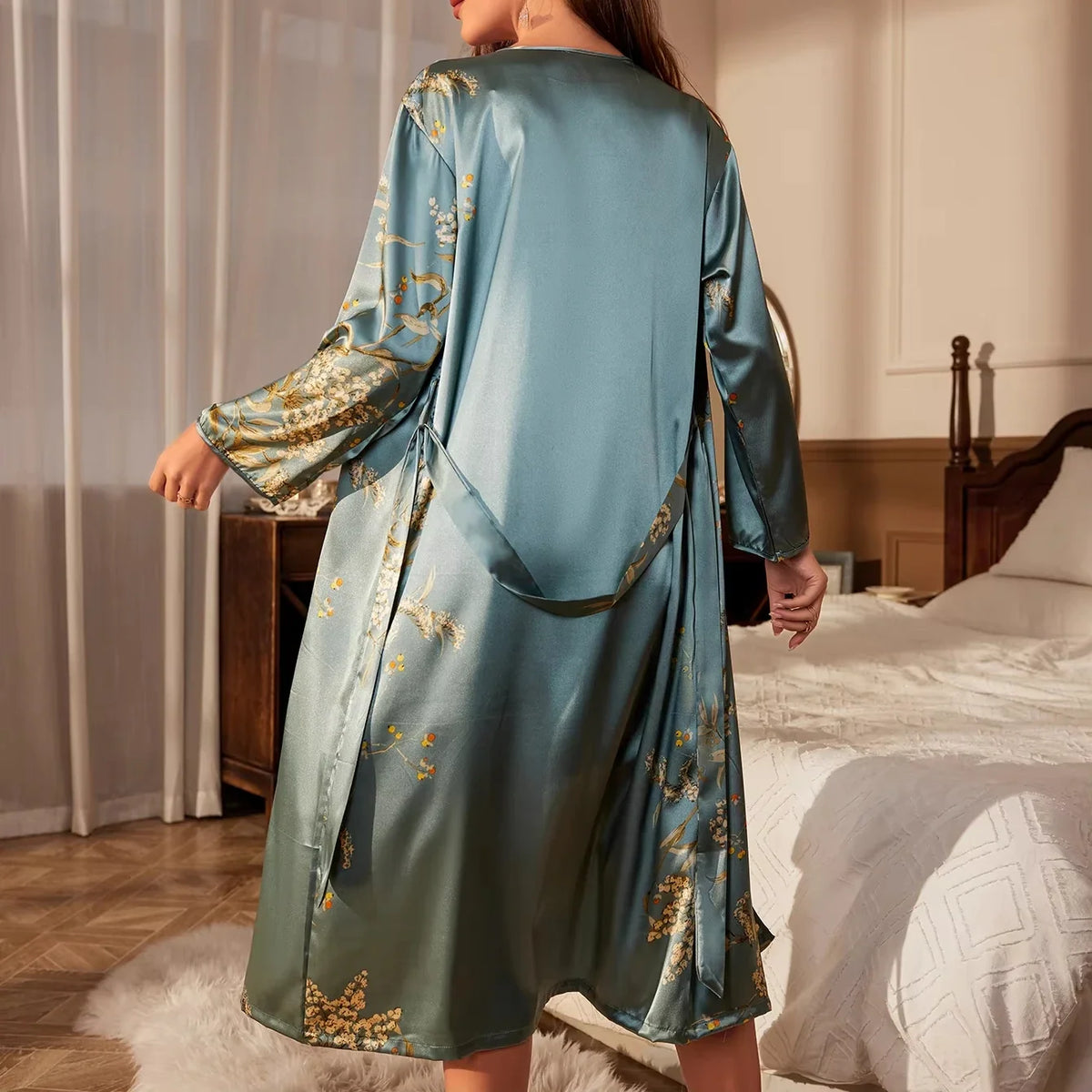 New sexy Satin Elegant Home Dress Women's Pajamas Printed Robe Waist-Binding Dressing Gown, Bathrobe Breathable All-Season P