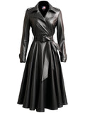 Women's Black Flared Long Leather Coat