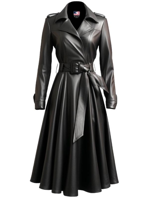 Women's Black Flared Long Leather Coat
