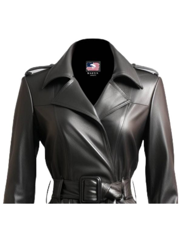 Women's Black Flared Long Leather Coat