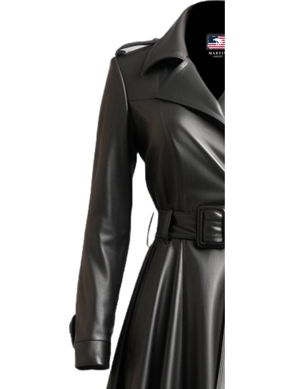 Women's Black Flared Long Leather Coat