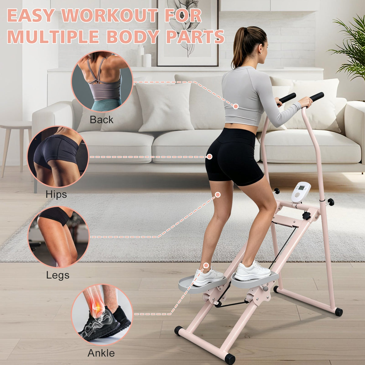 Stair Stepper Folding Vertical Cardio Exercise Climber with Adjustable Handrails - Pink & White