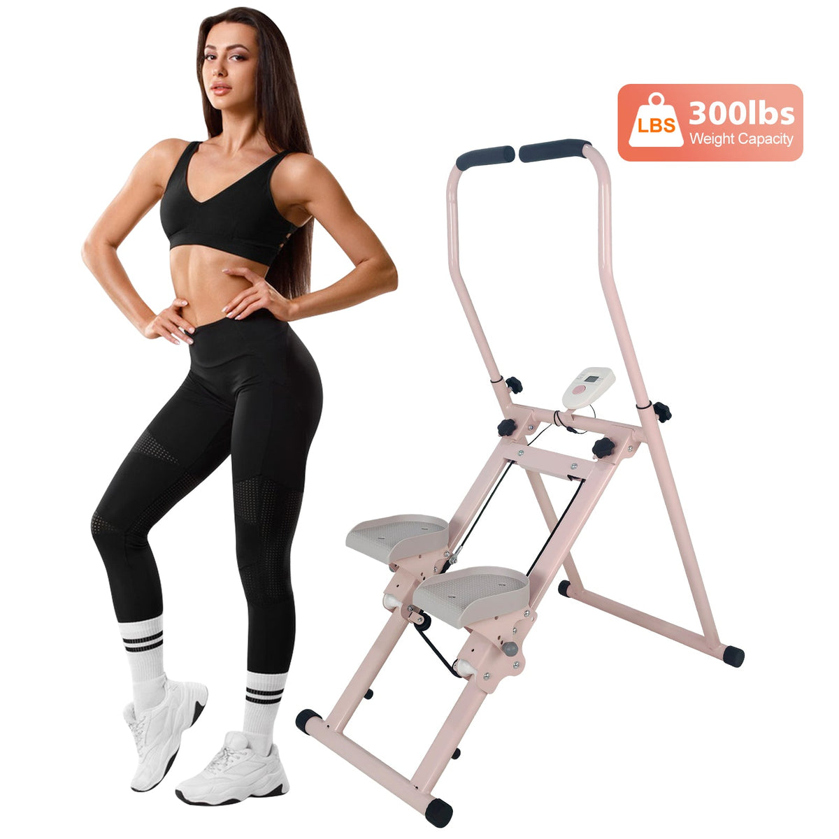 Stair Stepper Folding Vertical Cardio Exercise Climber with Adjustable Handrails - Pink & White